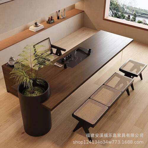 创意实木茶桌老板办公室设计师茶室茶台办公桌带茶盘一体可种花树