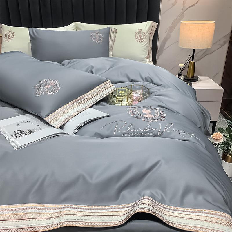 夏季轻奢风双面冰丝四件套丝滑天丝床单纯色简约刺绣被套裸睡床笠