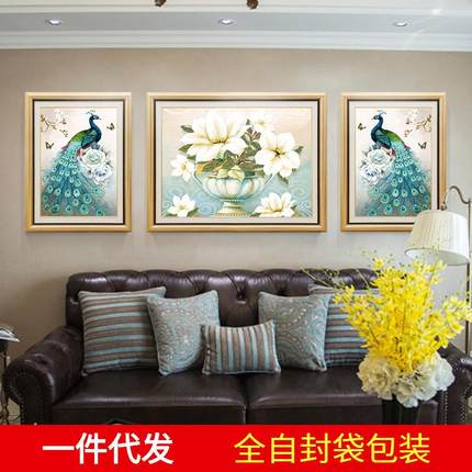 2019新款5D钻石画客厅美式孔雀三联画贴钻十字绣花开富贵满钻石绣
