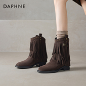 达芙妮棕色短靴女2026新款 秋冬季 美拉德流苏瘦瘦靴加绒骑士马丁靴