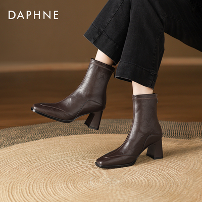 达芙妮高跟短靴女2025新款秋季复古英伦粗跟法式弹力瘦瘦靴马丁靴