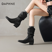 中筒堆堆尖头骑士西部牛仔靴春秋季 达芙妮黑色短靴女2026新款 春季