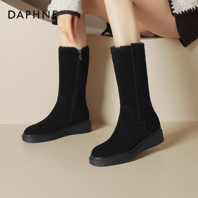达芙妮厚底雪地靴女保暖中筒棉靴