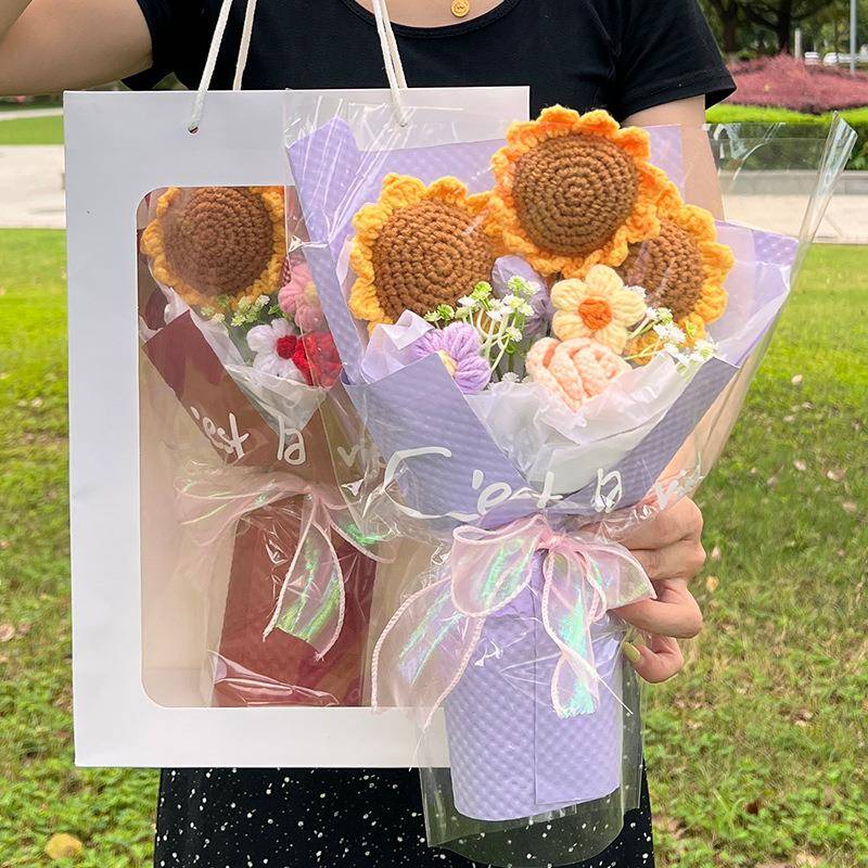 三朵向日葵毛线花束手工编织成品针织花送女友闺蜜礼物仿真花
