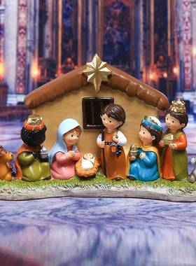 跨境供应商圣诞节LED灯马槽组摆件场景装饰节日礼品树脂工艺品