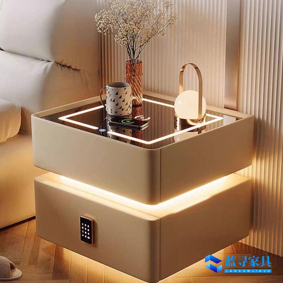 智能床头柜现代简约实木带灯卧室轻奢多功能无线充电蓝牙智能床柜