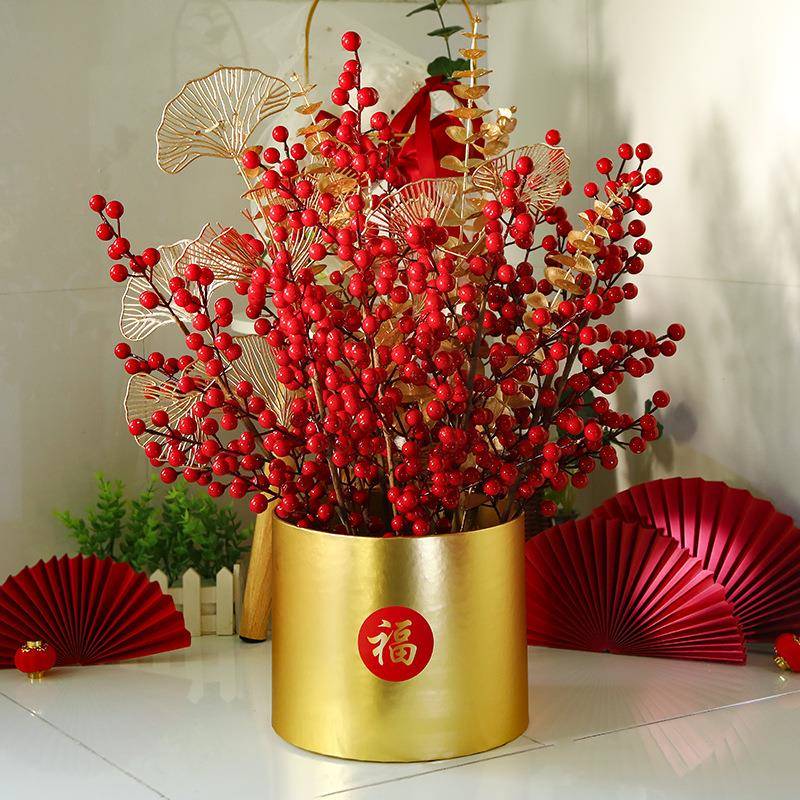 结婚用品婚礼乔迁新年金色福桶仿真花套装插花桶气氛装饰摆件