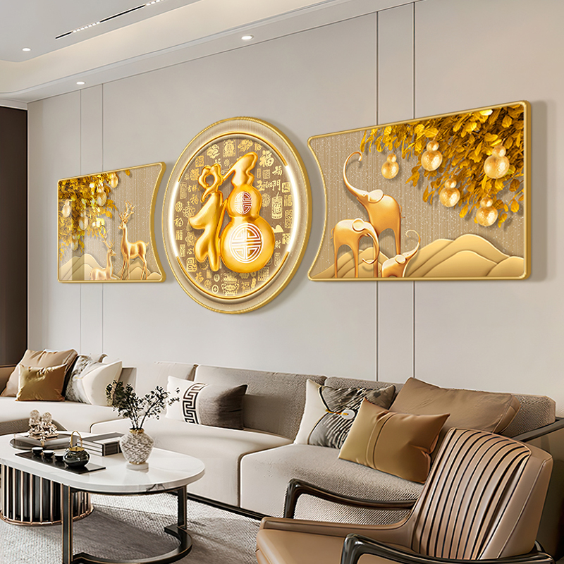 新中式福鹿吉象客厅挂画高档三联寓意好壁画大气沙发背景装饰画