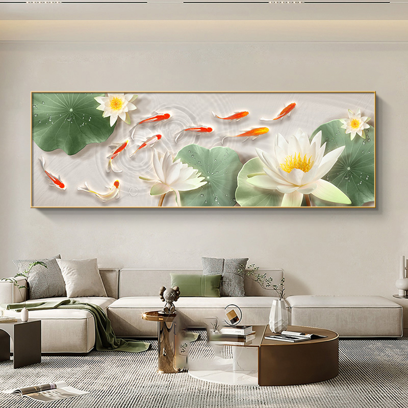 九鱼图客厅装饰画简约现代沙发背景墙高档挂画荷花横幅壁画寓意好图片