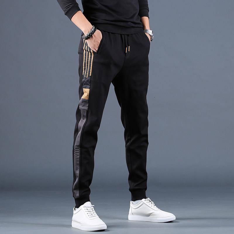 高品质系带休闲裤男士夏季薄款修身收脚工装裤侧边条纹运动束脚裤