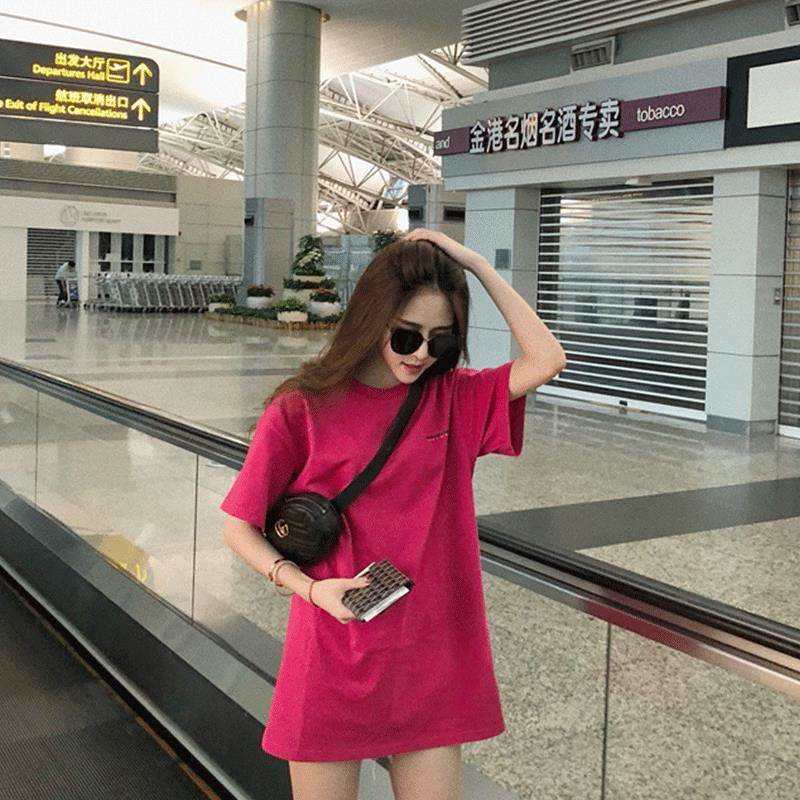 韩国字夏潮牌宽松中长WJY2206Z版母短袖港t味印半花袖上衣玫红纯