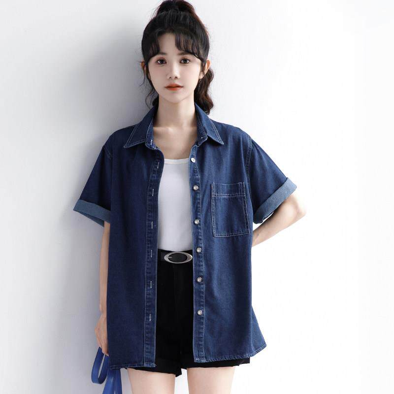 韩国202女5夏新款复古港风牛仔衬上衫夏蓝色短季袖衬PTW衣休闲学