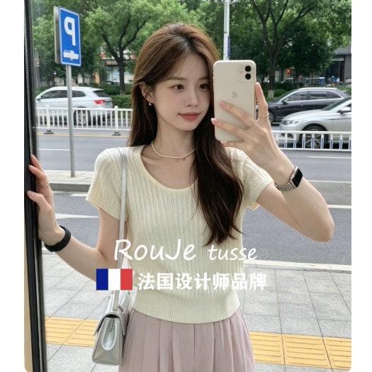 法国Roujes 10476407tuse遮肚子领冰U丝短袖针织衫胖妹妹洋派显镂