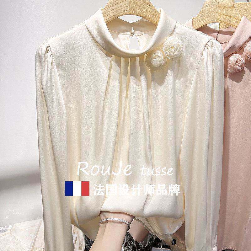 法式Ro衬uj tusse气质雪显瘦立领花朵纯色套e头长袖纺衫女6809814