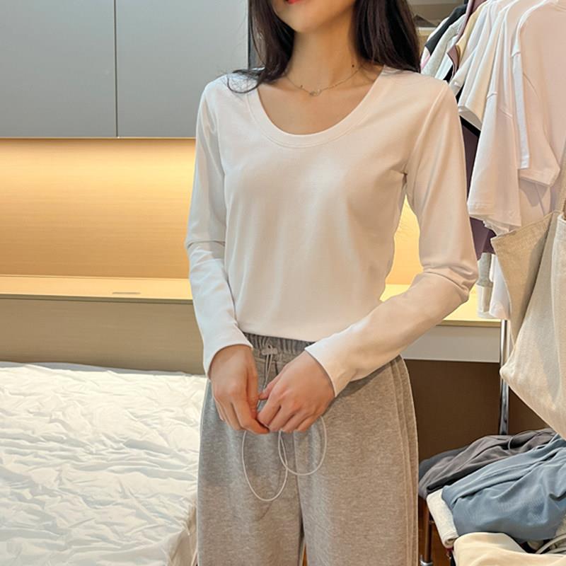 纯色长袖内搭衣秋冬026棉新U领露T0375锁骨上衣修身质2白色款正肩