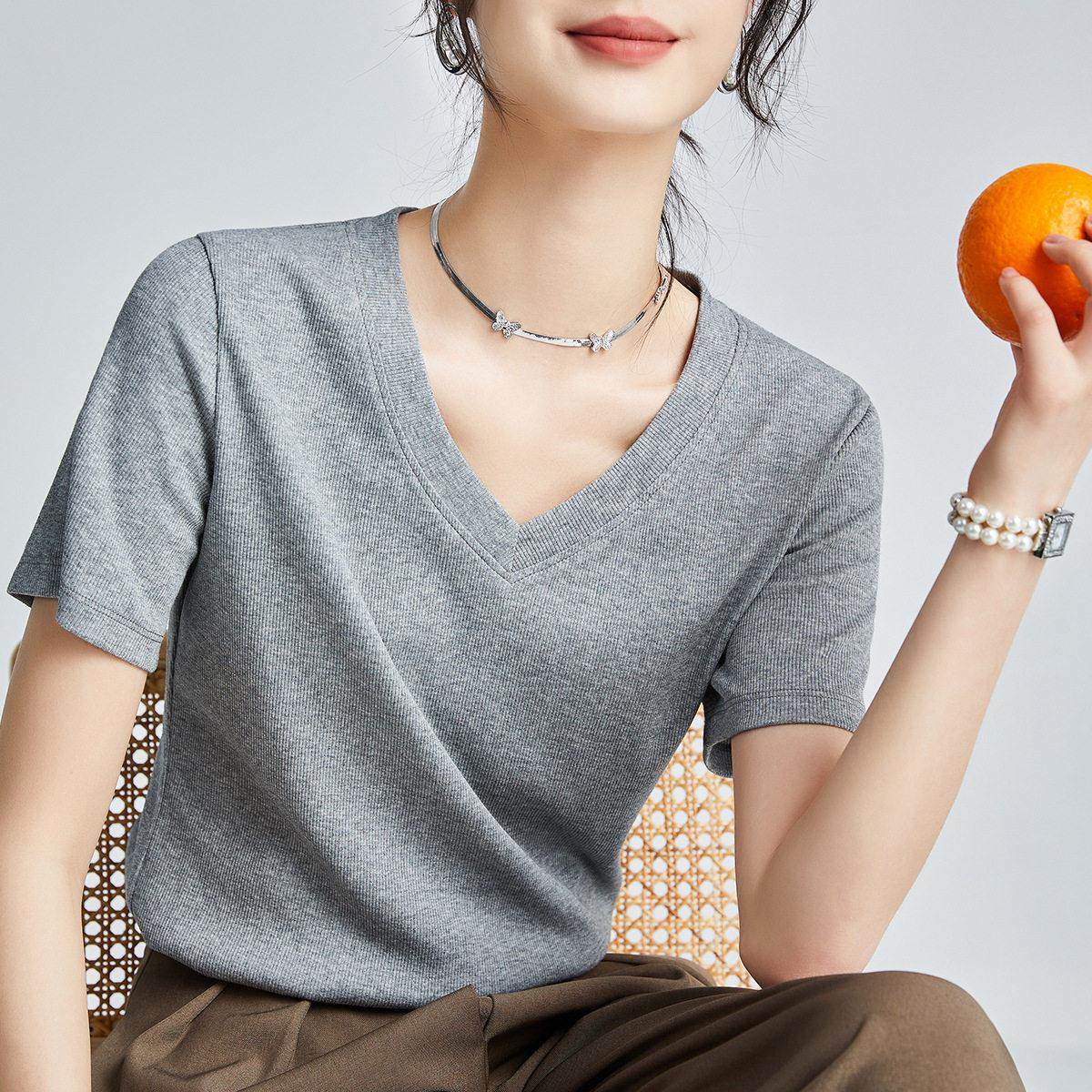 纯棉白色2短2袖T修恤女夏季05新款身纯色半袖正肩显瘦11简约T恤