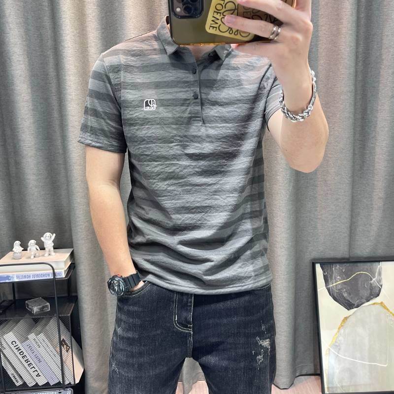 潮牌条纹短袖polo衫男士夏季新款天丝棉麻半袖体恤衫青年男装上衣