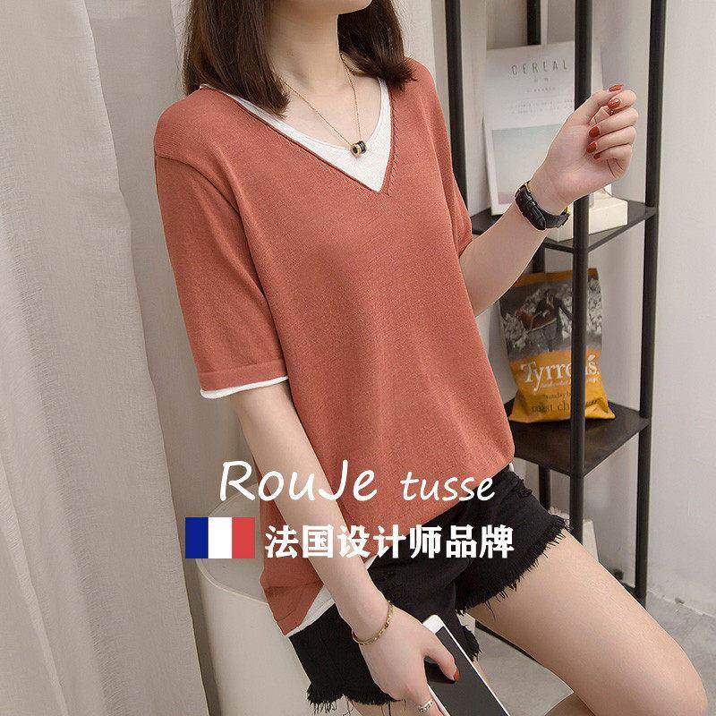 法国eRouj tuse大码女70877688装夏装短袖T恤微胖妹织妹显瘦遮肚