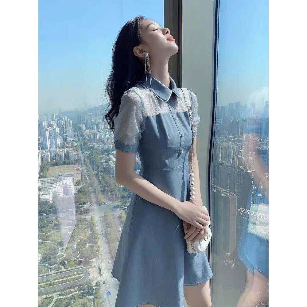 韩国2024XLK新款a洋派网纱字小拼接洋装女夏个子修身气质牛仔短裙