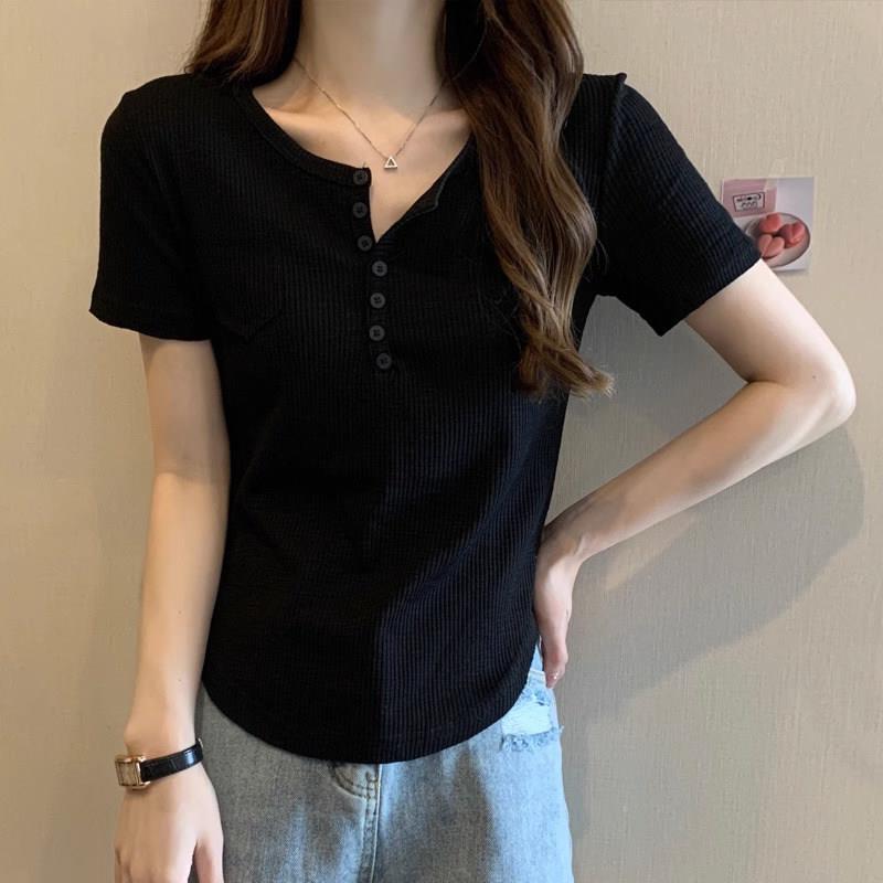 别纯致钮扣不规则t恤女夏226年新款棉短袖竹节A35976棉弧形0下摆