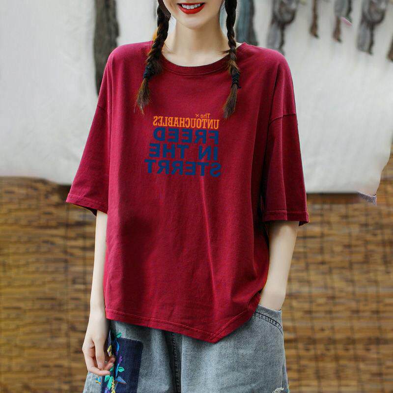 纯棉短袖t恤女夏2026新款L19180F宽不规则大码松休分闲印花五袖春
