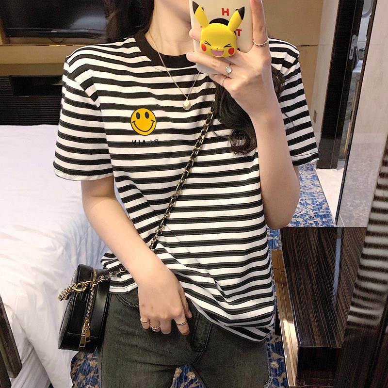韩国2025季款笑脸459656印夏花黑白新条纹短袖t恤女大码宽年松显