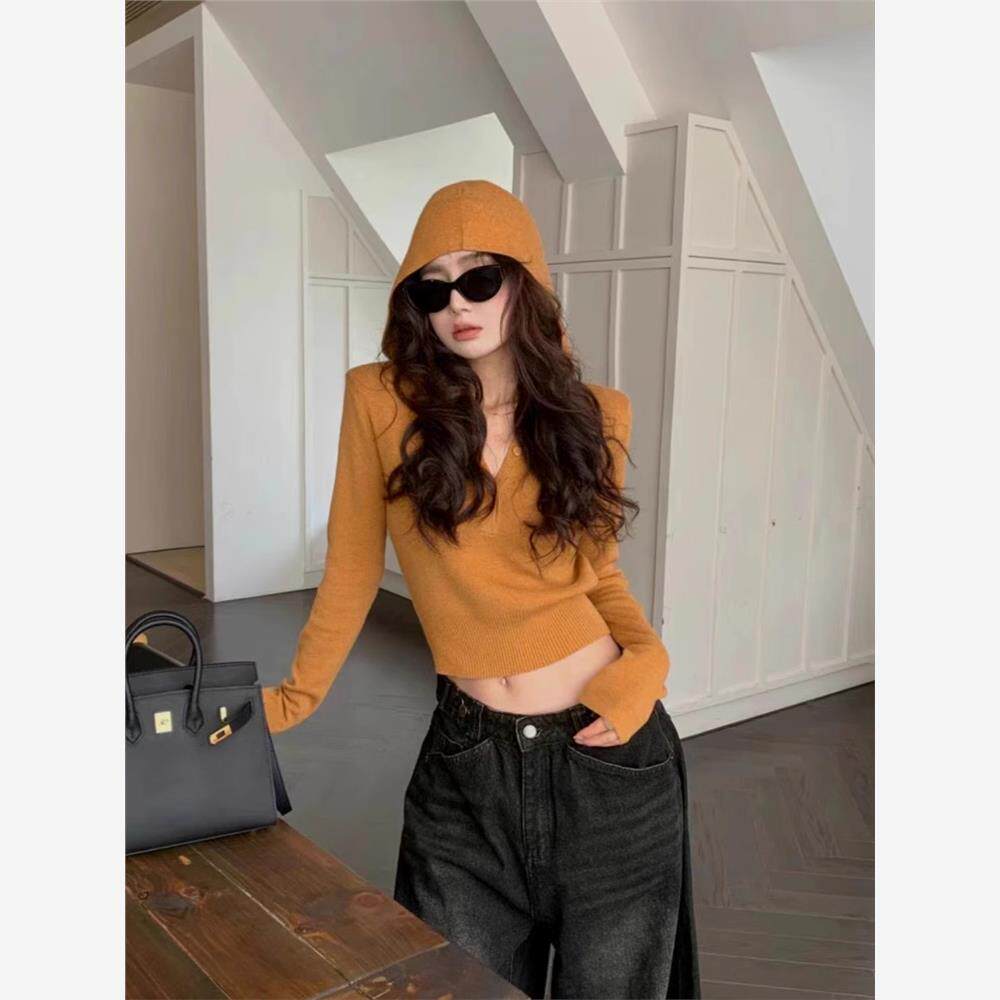 2025秋冬新款连帽针织衫女短款休闲小个子松弛内搭韩系纯色帽衫