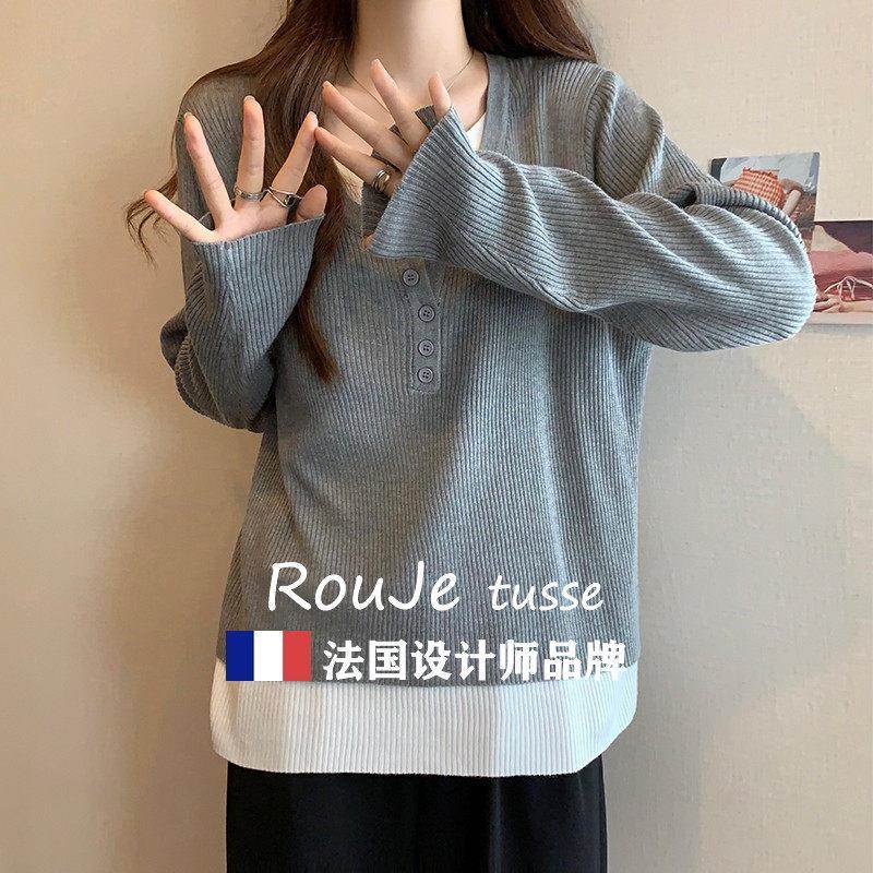 大码遮子假两件长袖羊毛肚打底衫68762271女秋胖妹宽针松妹显瘦羊