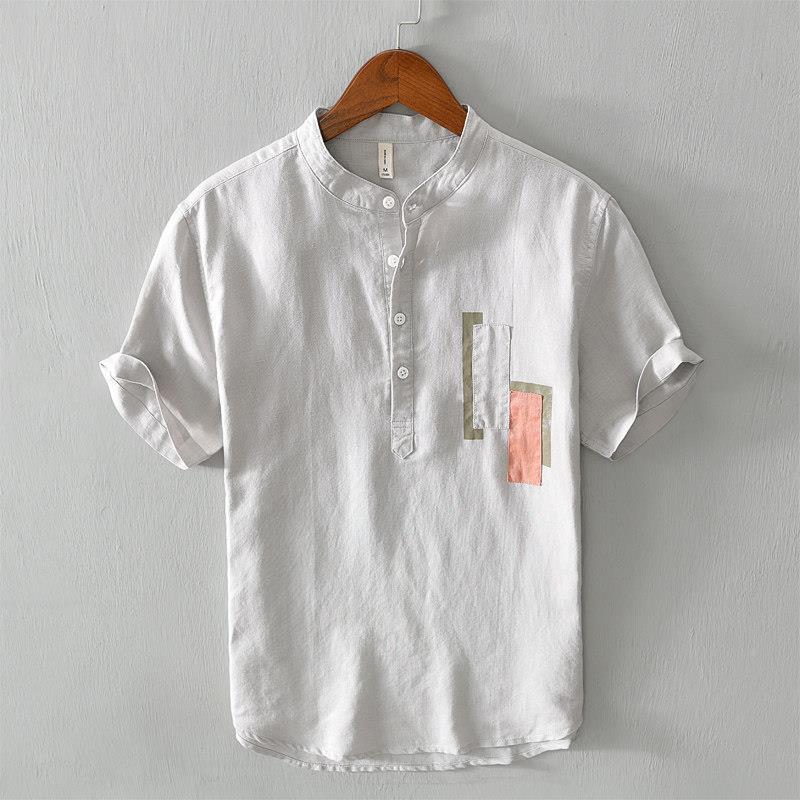 港风衬衫LZ-567男设计感小拼色立众短夏领亚麻袖季薄款套头休闲棉