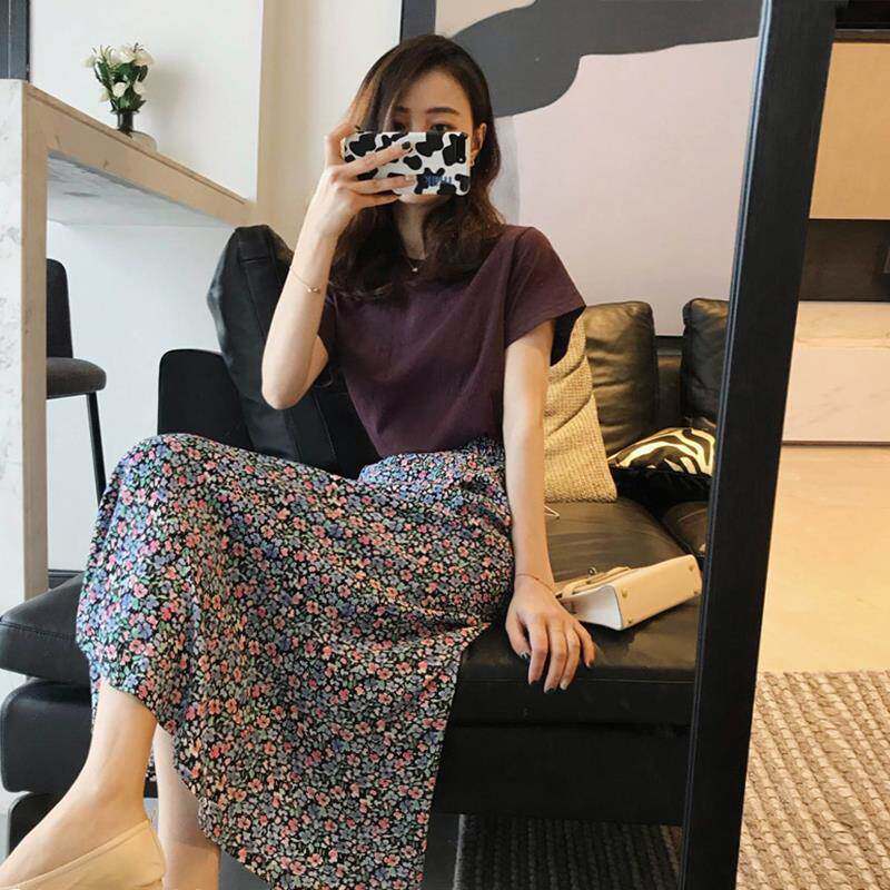 欧洲站2025年夏季复古温柔风有女人味的T恤上衣碎花裙子两件套裙