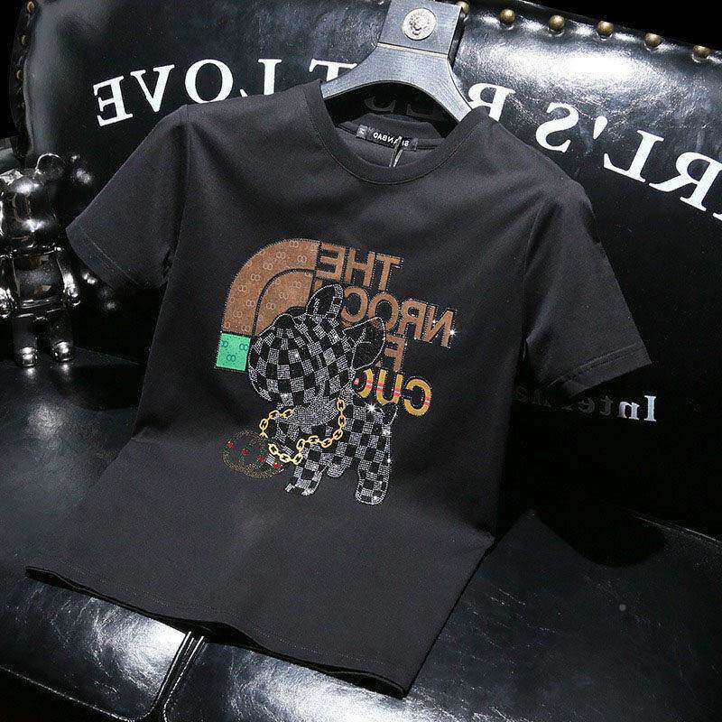 欧洲~轻奢!t恤男2DNJ站025新款夏装烫钻短袖体恤韩版身纯棉修休
