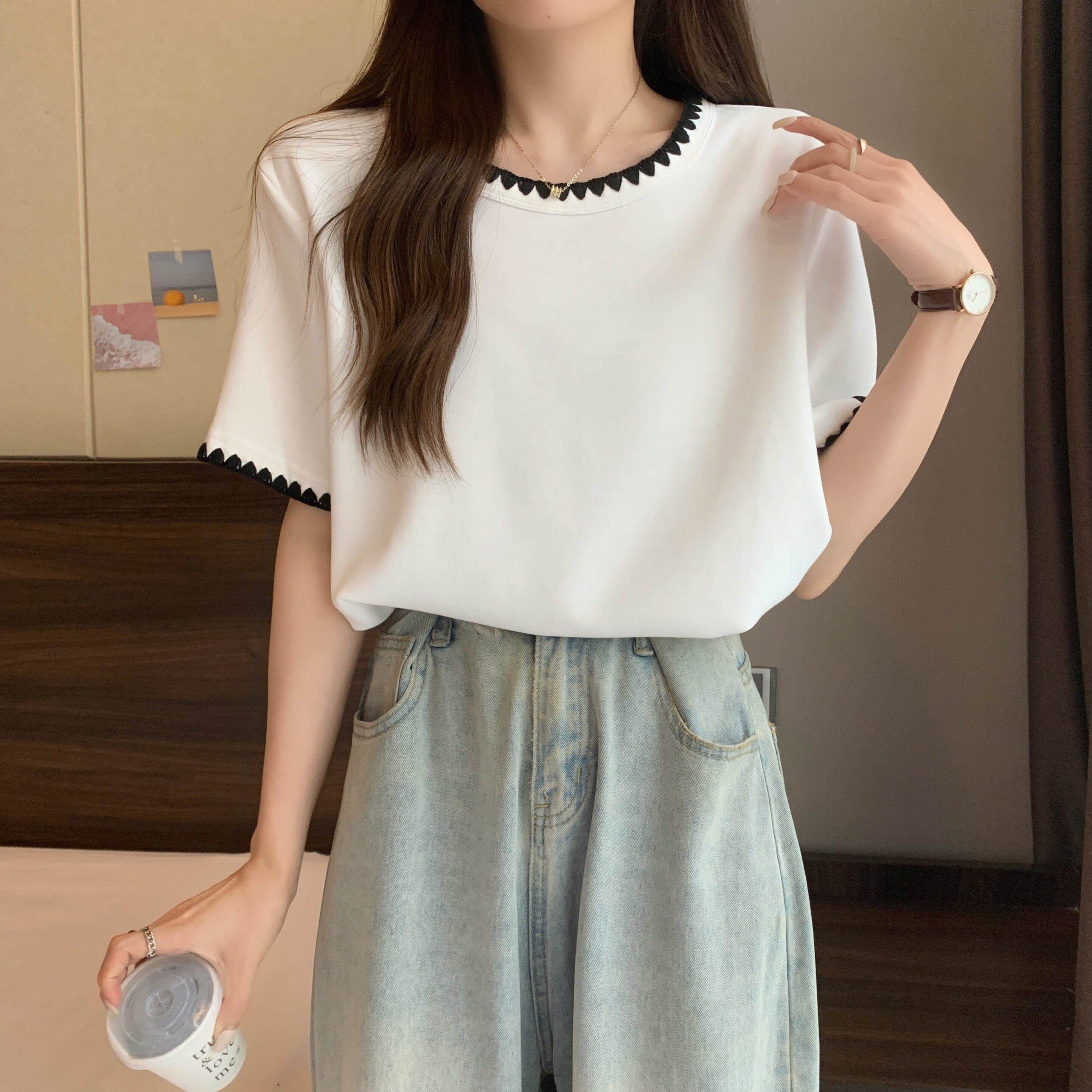 韩国大码女宽装松正肩短袖T恤女夏季款AWG胖新mm法式遮肚上衣藏肉