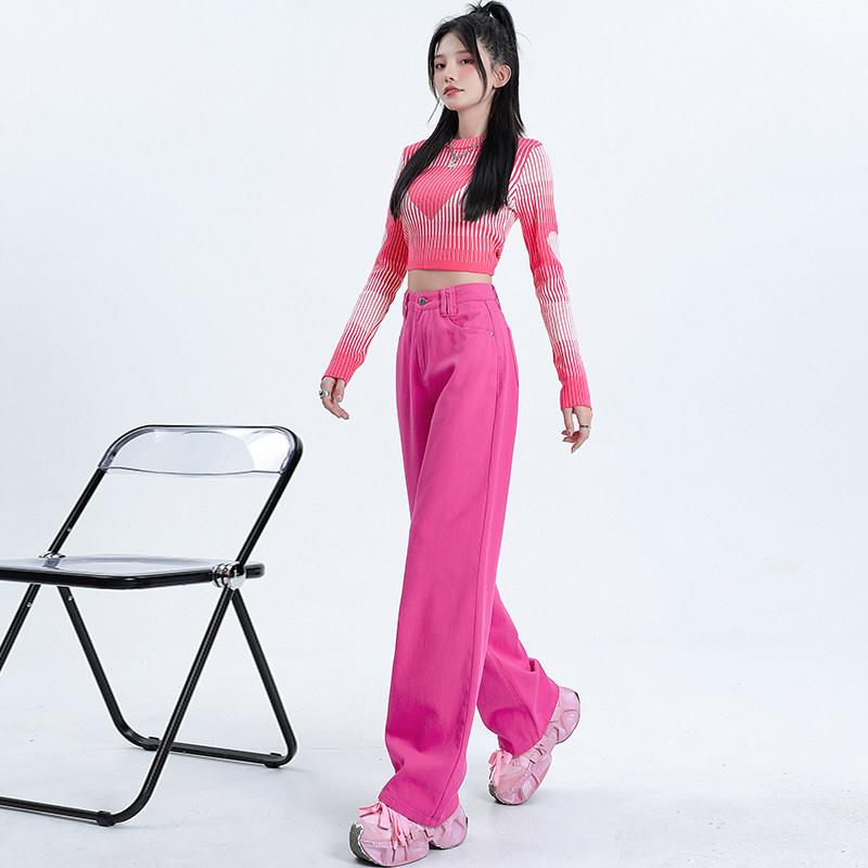 国玫红色牛仔裤女春秋腰直筒显瘦梨型身韩妹材辣多巴胺阔腿JER裤