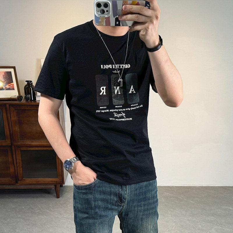 潮袖T恤短衫夏季薄款字母印花高天丝棉麻端半袖GEZ牌体恤衫男装上