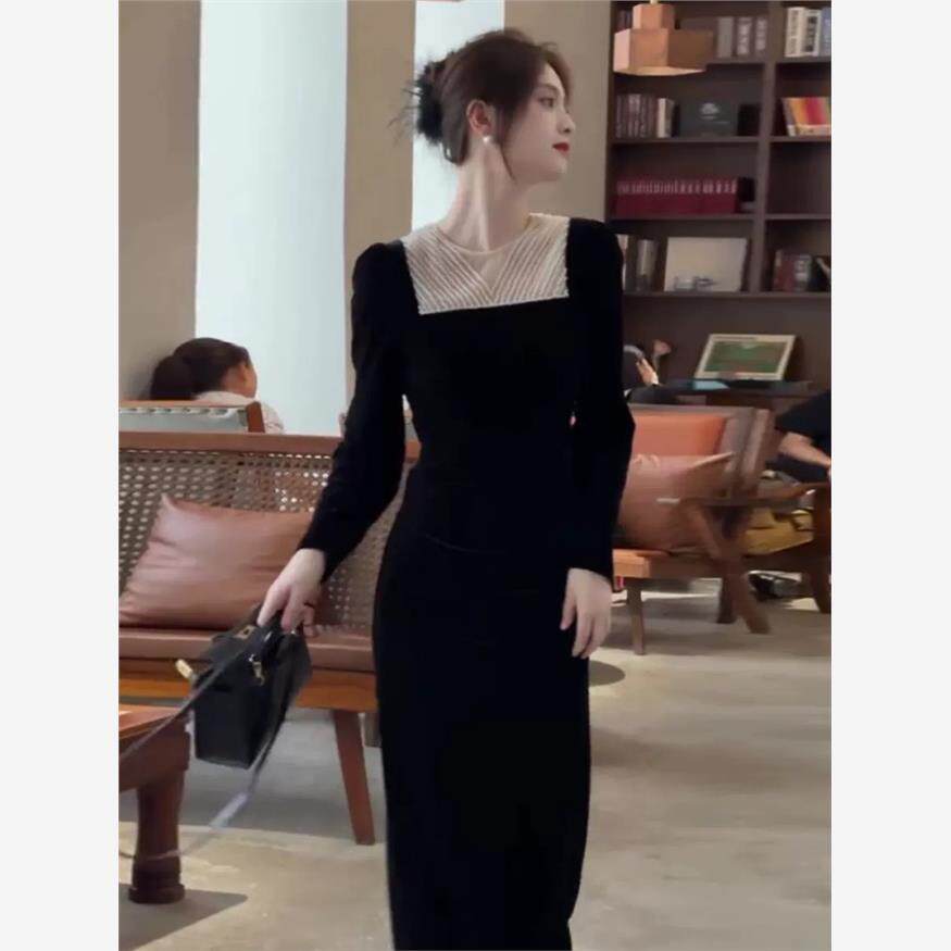 欧洲站2025秋季新款法式赫本风名媛高级感小礼服黑色丝绒连衣裙女