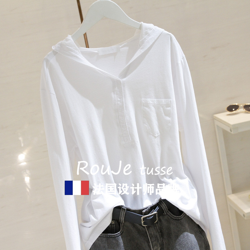 专柜网红连帽t恤女白色长袖ins超火2025秋季宽松显瘦棉质外穿上衣
