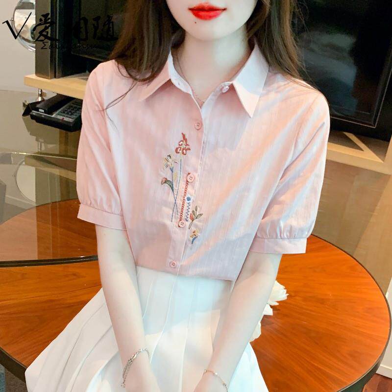 香港TIMO夏季新款时尚减龄衬衣纯棉衬衫女洋气全棉刺绣短袖上衣