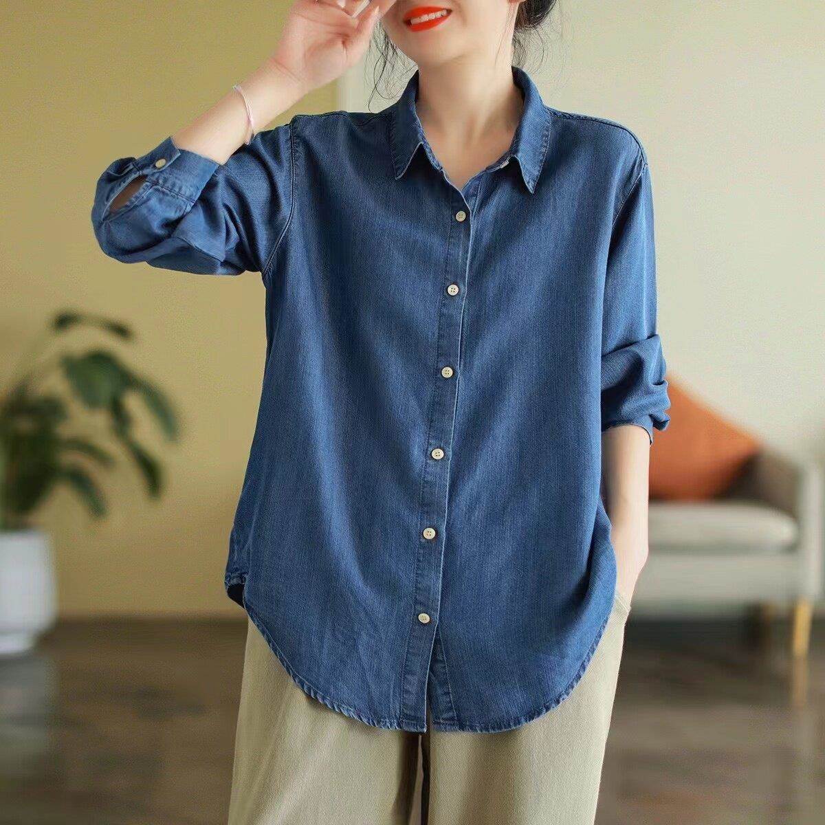 深蓝色天牛仔衬衫女春2525夏新薄款衣休闲中长款上柔丝软宽松显瘦