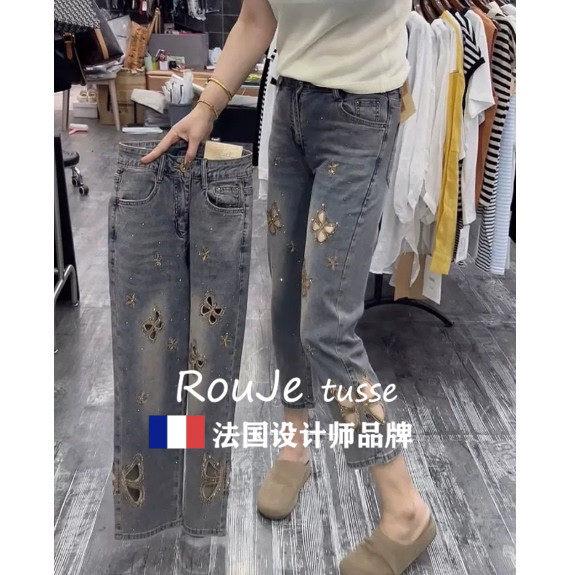 法R国oujse tuse镂空刺绣休闲直筒老爹93321488罗裤卜哈伦镂空牛