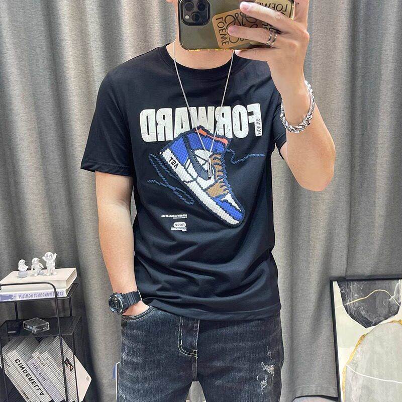 潮男士短袖VVY新款爆棉款修身牌纯半袖上衣体恤衫半截袖印刺花绣t