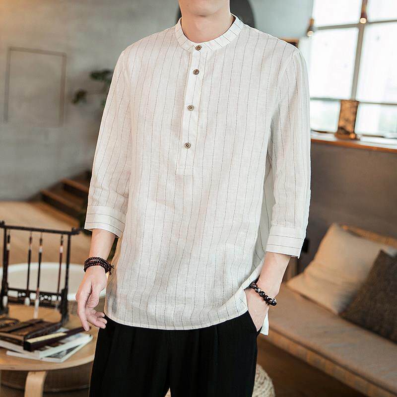 棉香衣港衬衫男季薄款麻料条纹休闲七分袖ZYDPT032外套男士短袖衬