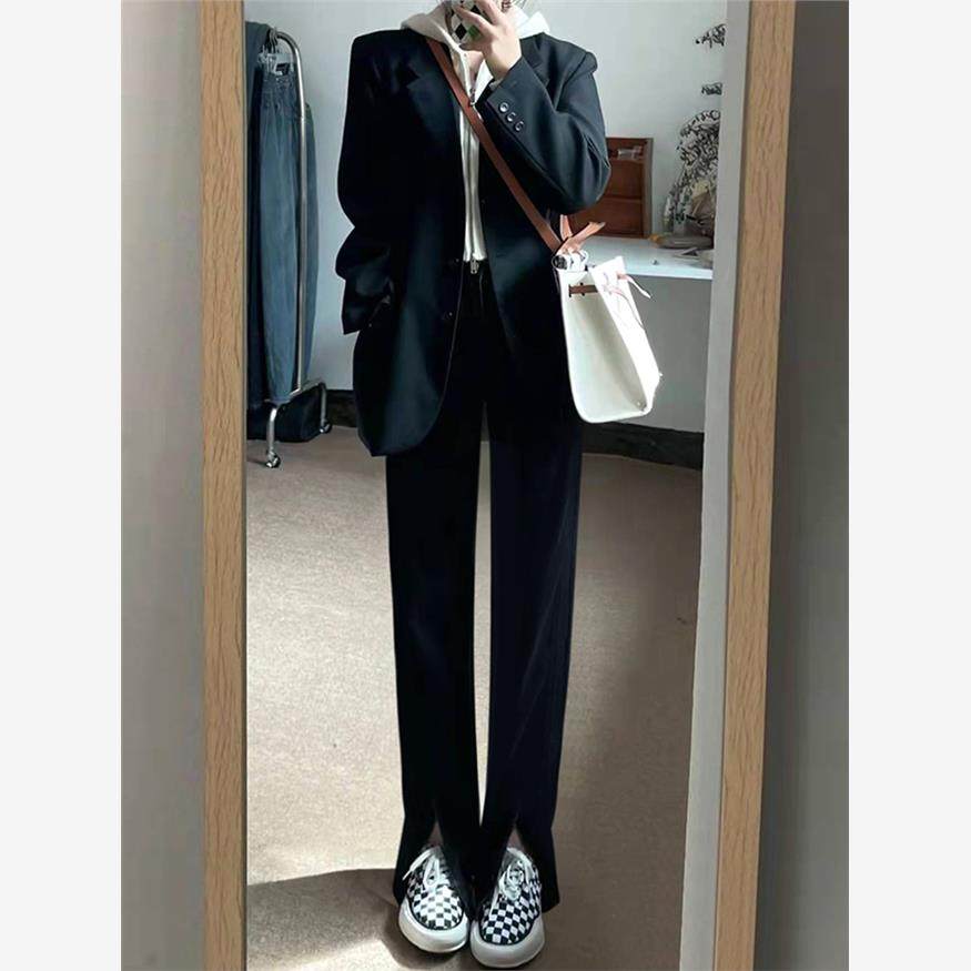 韩国前开叉窄版阔腿裤女小个子秋冬直筒裤黑色高腰垂感微喇西装裤