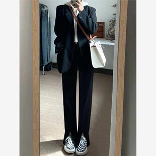 韩国前开叉窄版阔腿裤女小个子秋冬直筒裤黑色高腰垂感微喇西装裤