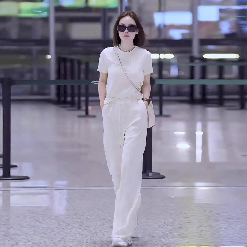 欧洲站时尚休闲运动套装女夏2025新款潮阔腿裤短袖小个子两件套装
