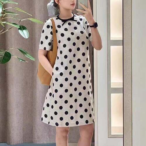 206春夏新DLT款波点印花斜连纹亚麻及膝衣松裙短袖圆领宽松2女宽