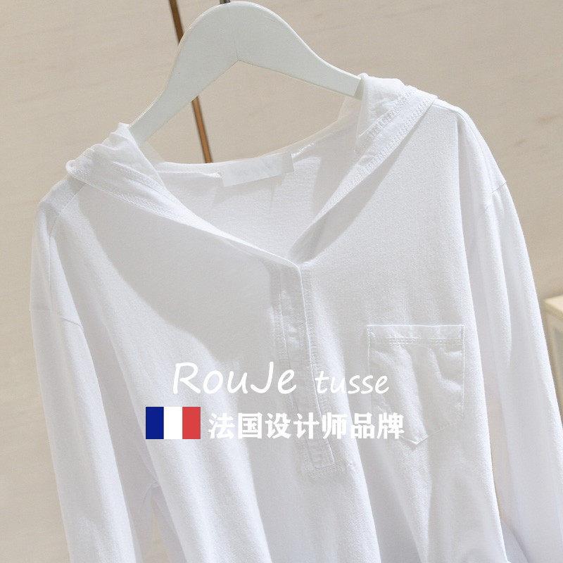 网帽t恤女白色连长袖ins超94730443火2026春秋宽松显上瘦棉质设计