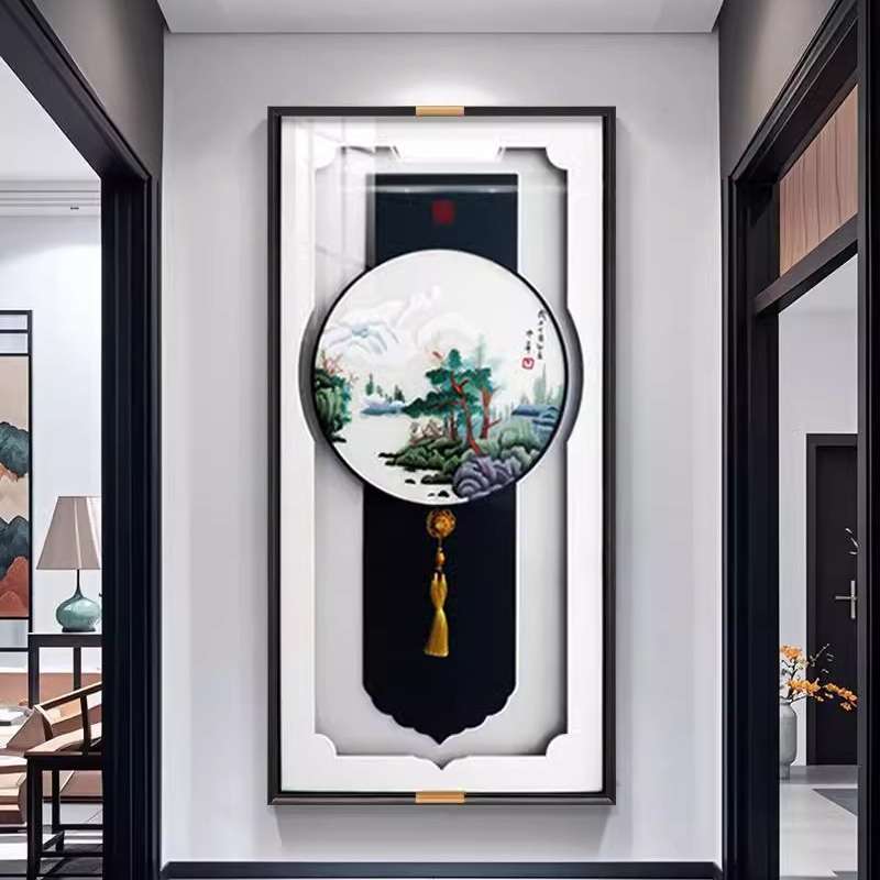 苏绣入户玄关装饰画新中式刺绣实物画走廊过道壁画客厅高档山水画图片