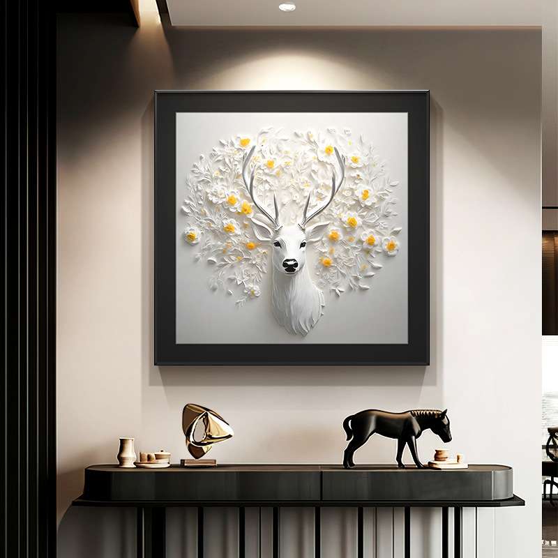 《一鹿繁花》花开富贵鹿入户玄关装饰画立体浮雕感正方形餐厅挂画图片
