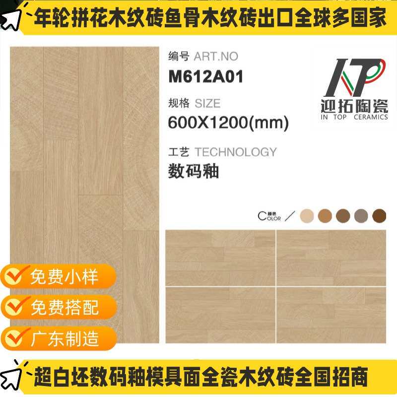 广东全瓷数码釉木纹砖600X1200mm年轮拼花客厅卧室书房木地板瓷砖