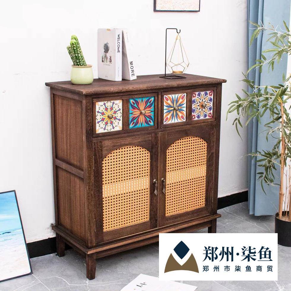 新中式实木餐边柜家用藤编茶水柜餐厅复古备餐柜入户玄关靠墙柜子